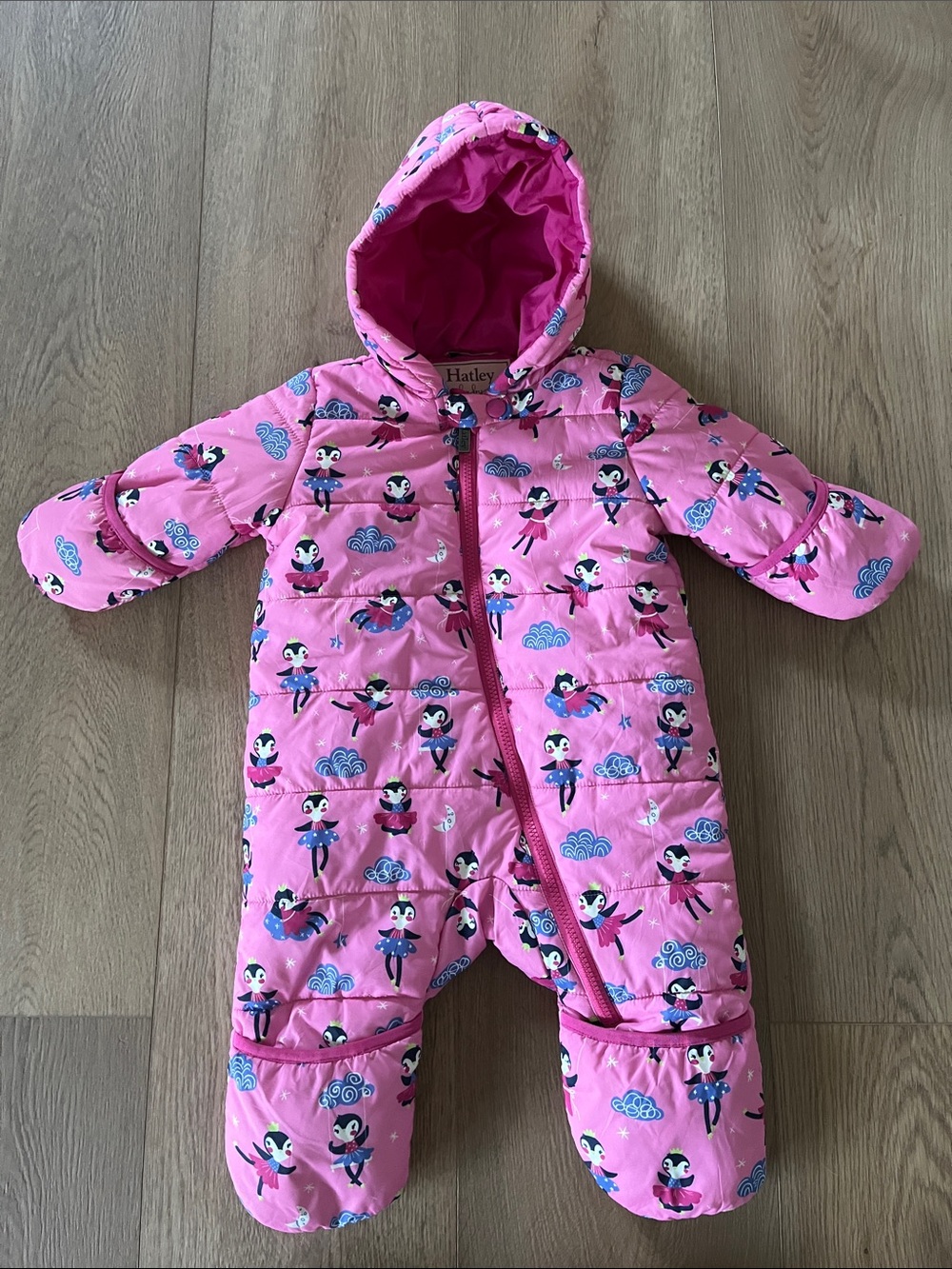 Hatley Baby Pink Penguin Print Hooded Puffer One-Piece Snowsuit